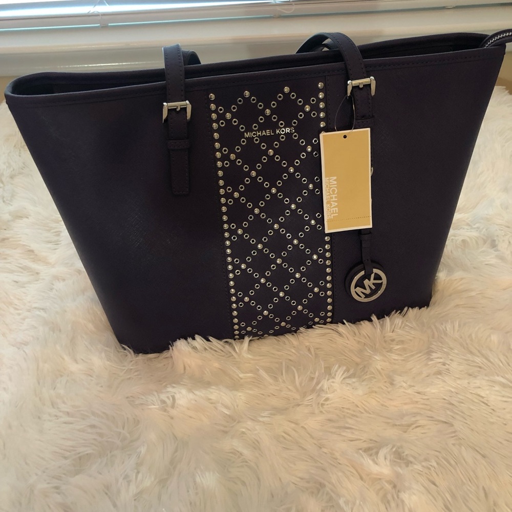 MK Studded Jet Travel Large Purple Leather Tote